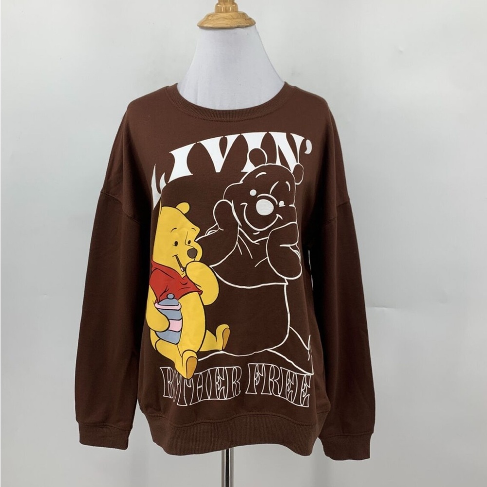 Disney Sweater Womens M Brown Winnie The Pooh Crew Neck Micro Fleece Pullover